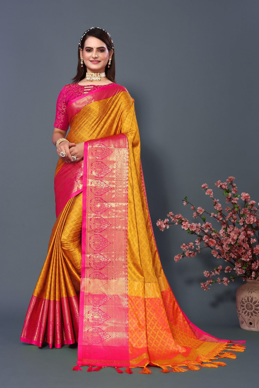 Yellow Light Pink Golden Design Marvel Cotton Silk Saree