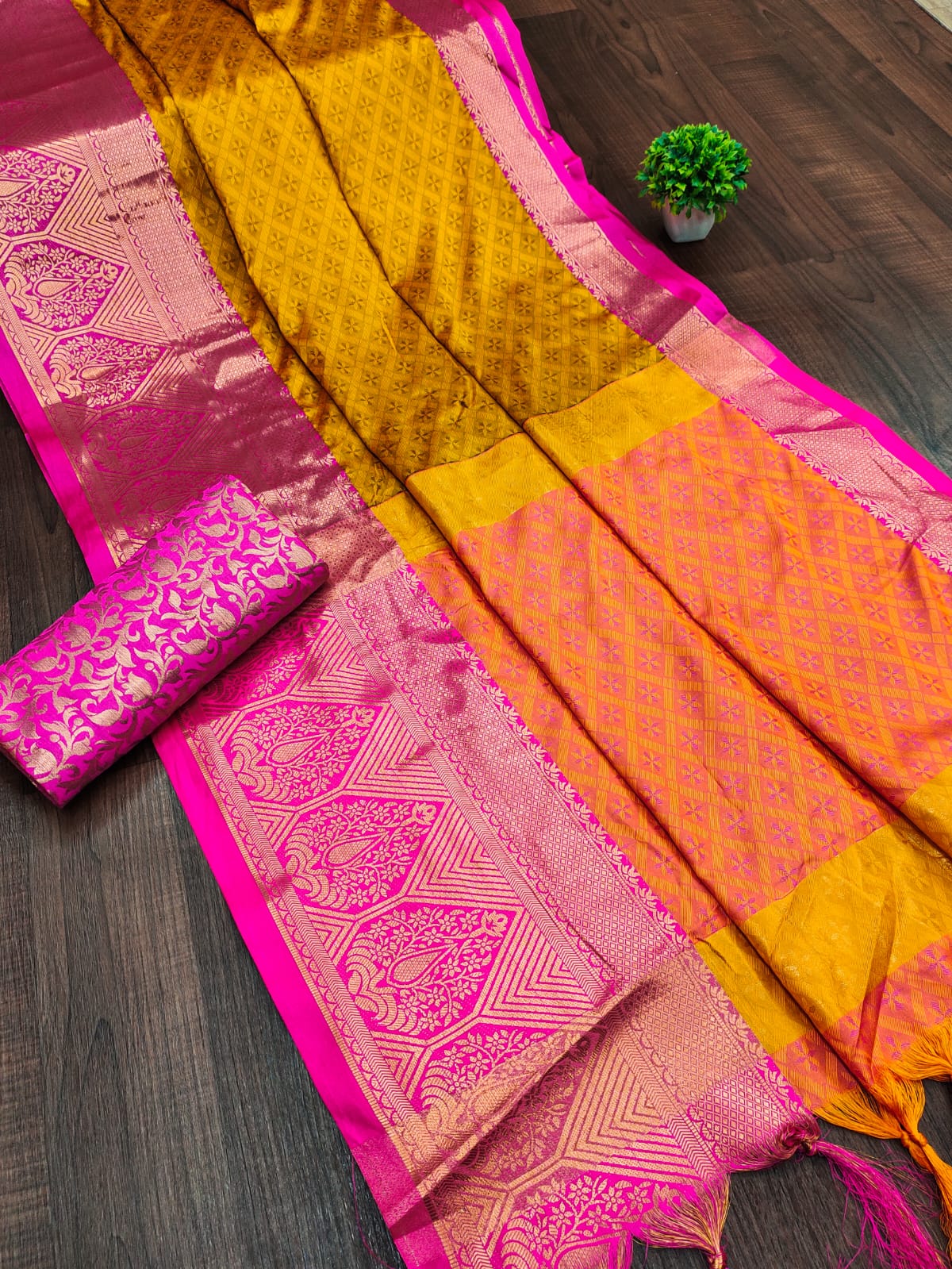 Yellow Light Pink Golden Design Marvel Cotton Silk Saree