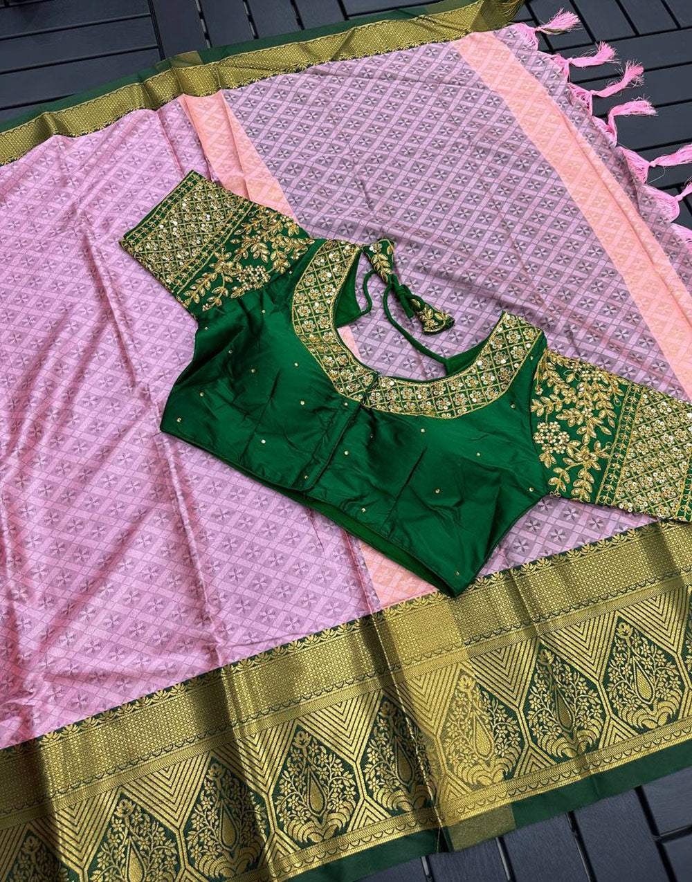 Baby Pink and Dark Green Marvel Cotton Saree