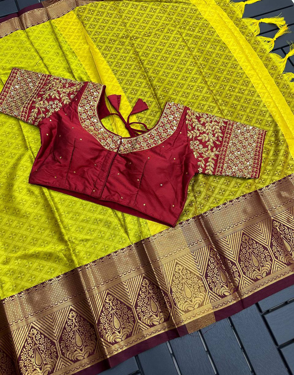 Lemon and Brown Marvel Cotton Saree