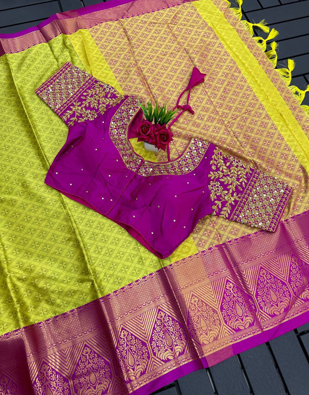 Lemon and Dark Pink Marvel Cotton Saree