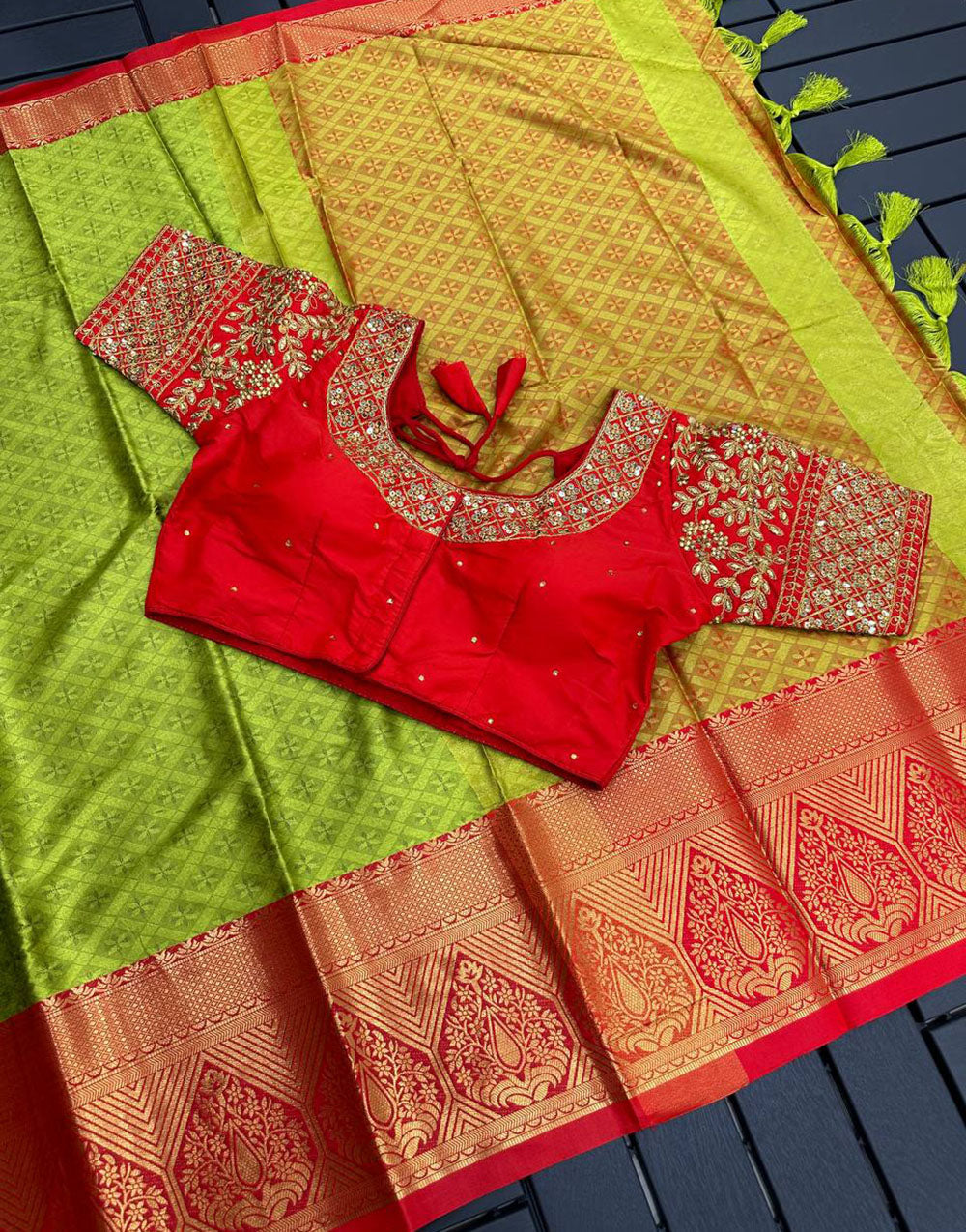 Lemon and Red Marvel Cotton Saree