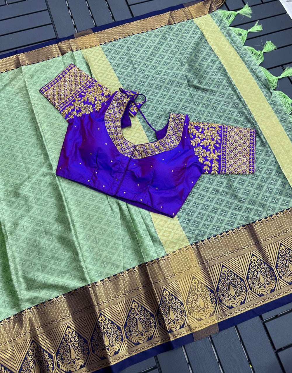 Pista and Blue Marvel Cotton Saree