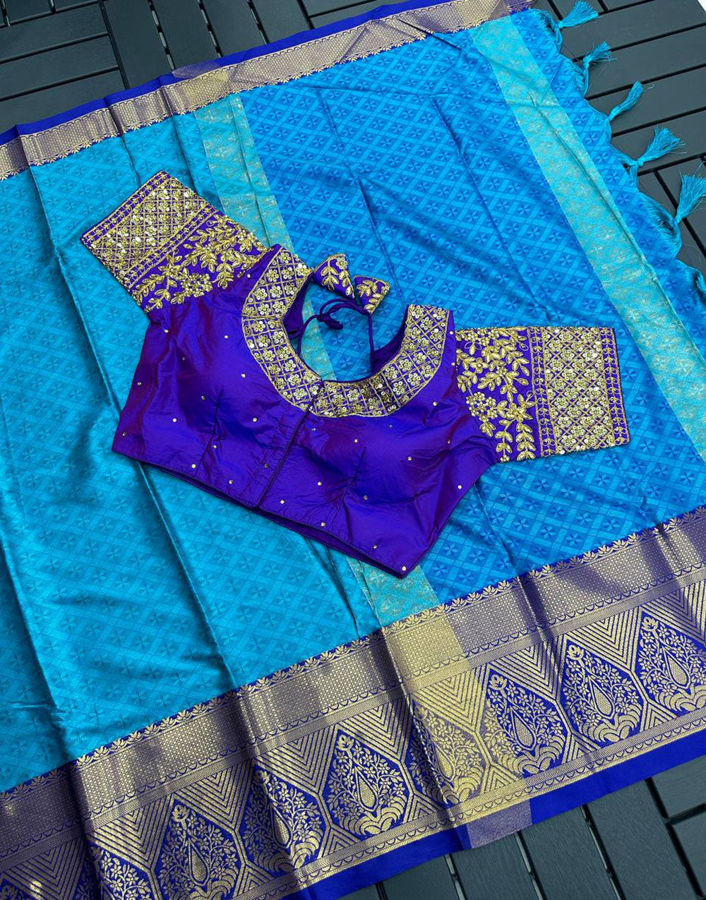 Sky and Blue Marvel Cotton Saree