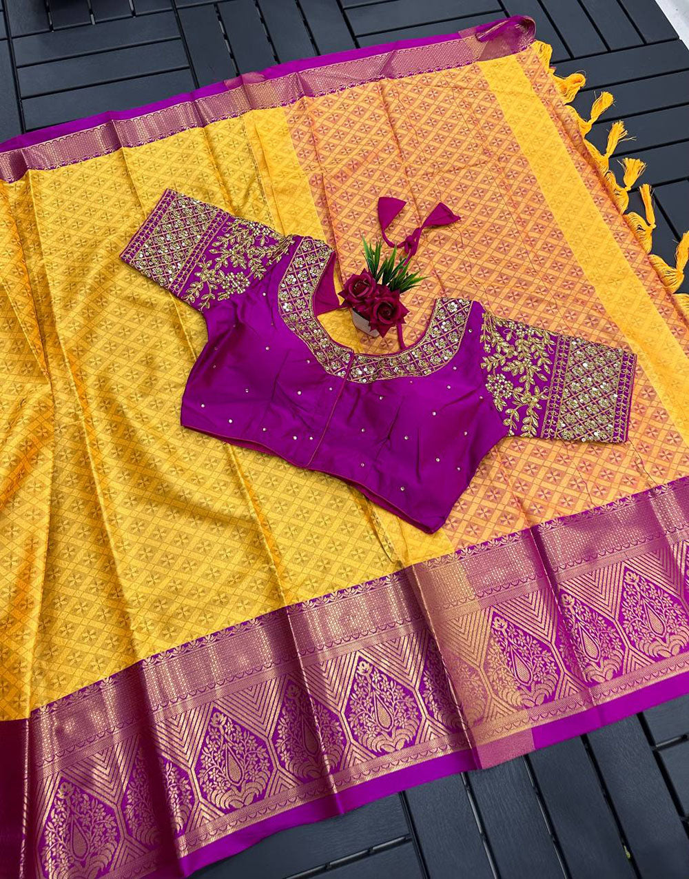 Yellow and Dark Pink Marvel Cotton Saree