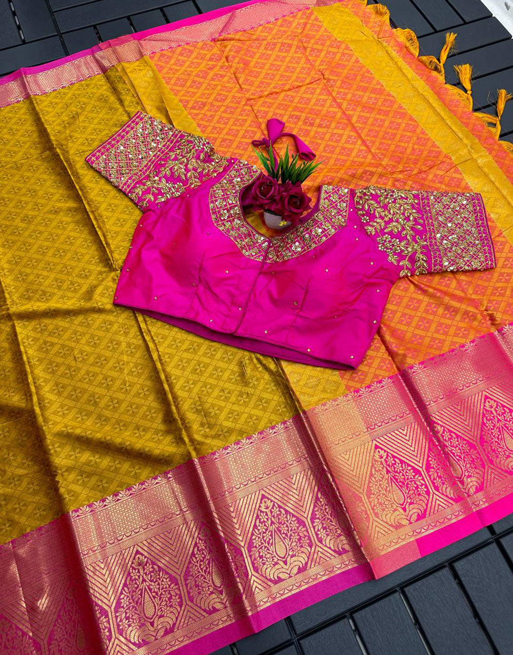 Yellow and Light Pink Marvel Cotton Saree