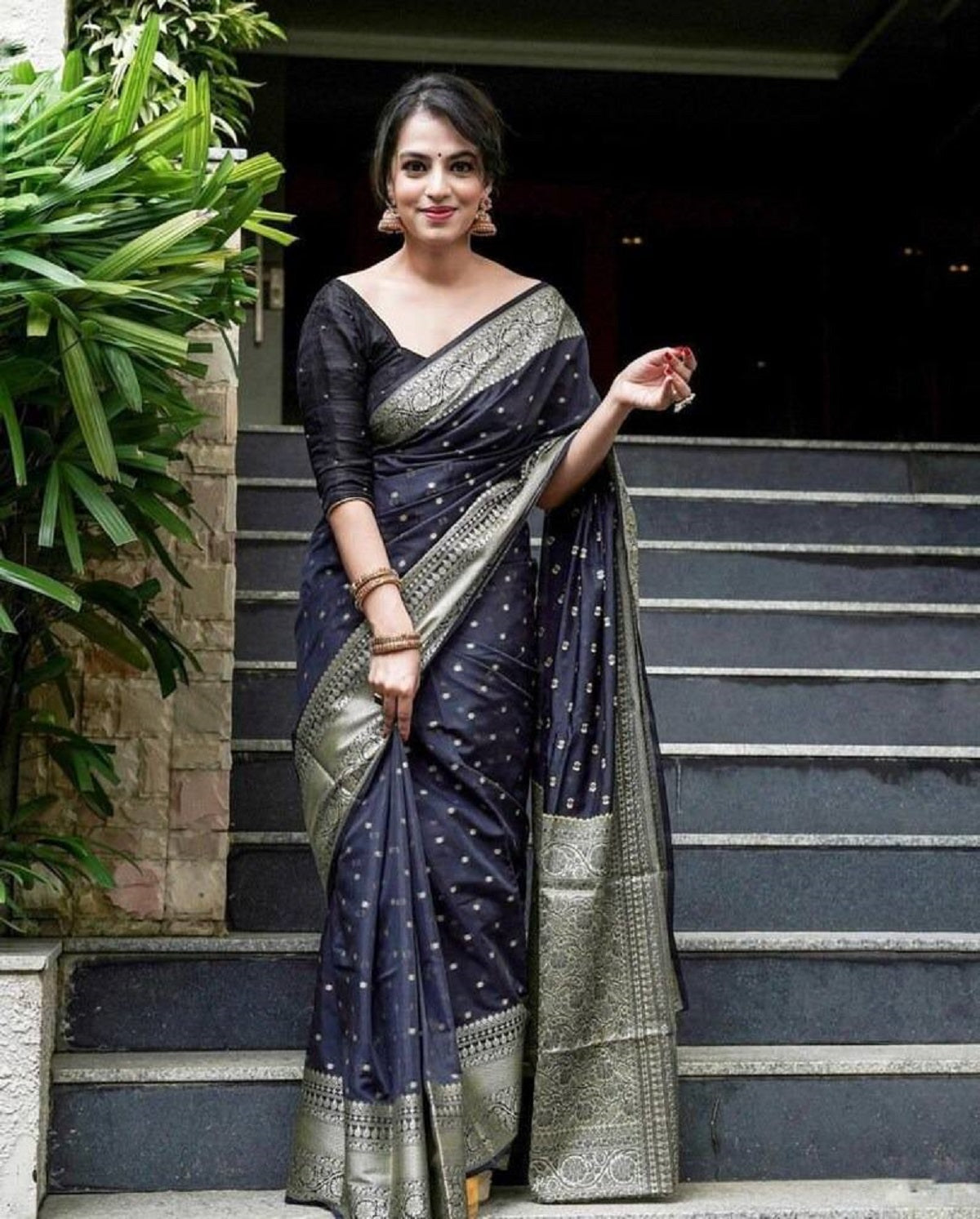 Black Mocham Silver Design Boarder Pure Silk Saree