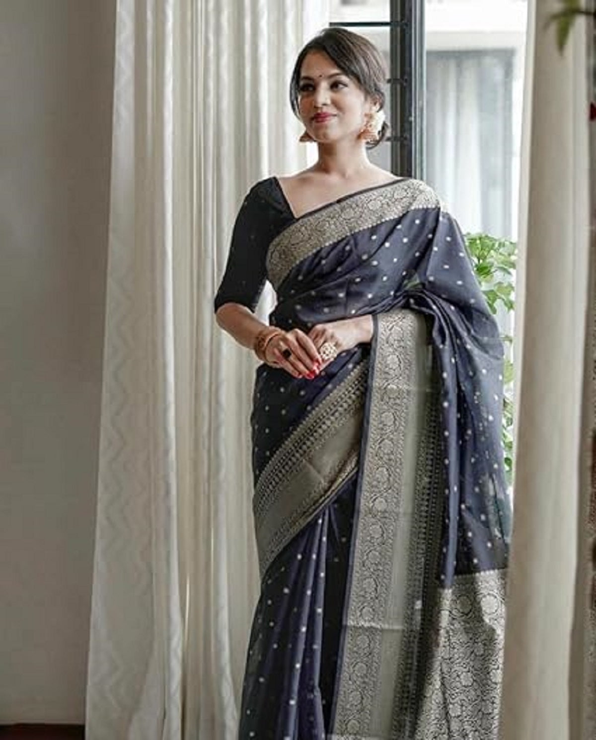 Black Mocham Silver Design Boarder Pure Silk Saree