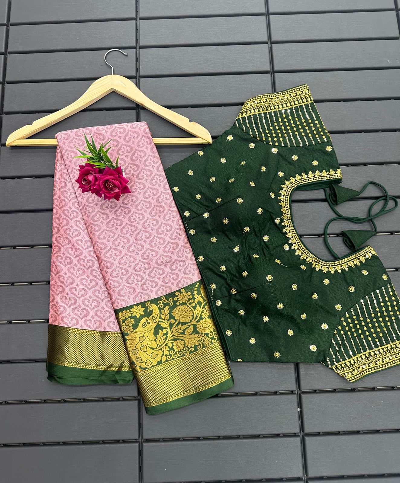 Baby Pink and Dark Green Morni Cotton Saree