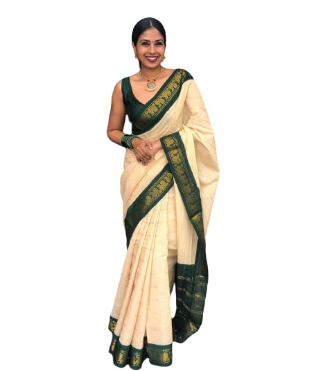 Off-White and Dark Green Murli Banarasi Silk Saree