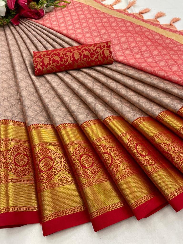 Baby Pink Red Golden Design Myra Cotton Silk Saree