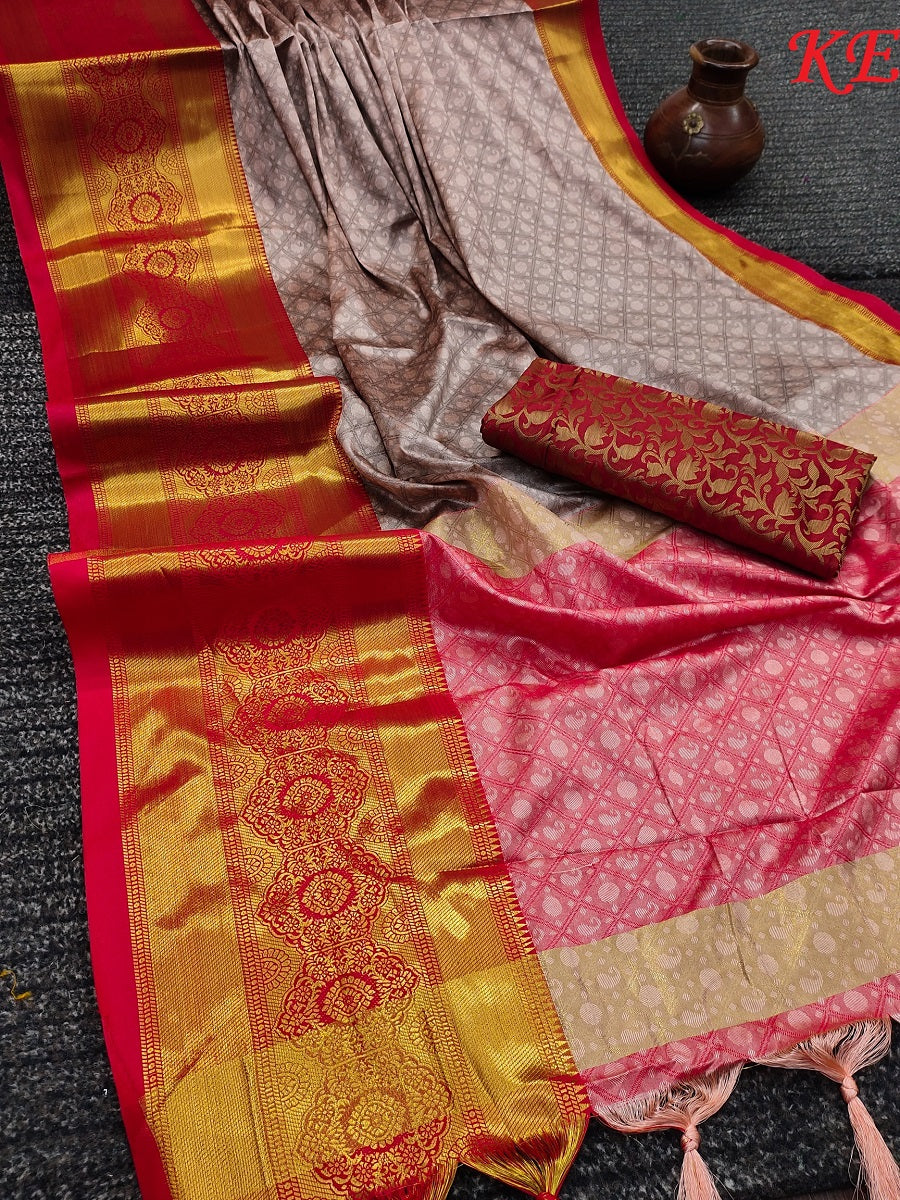 Baby Pink Red Golden Design Myra Cotton Silk Saree