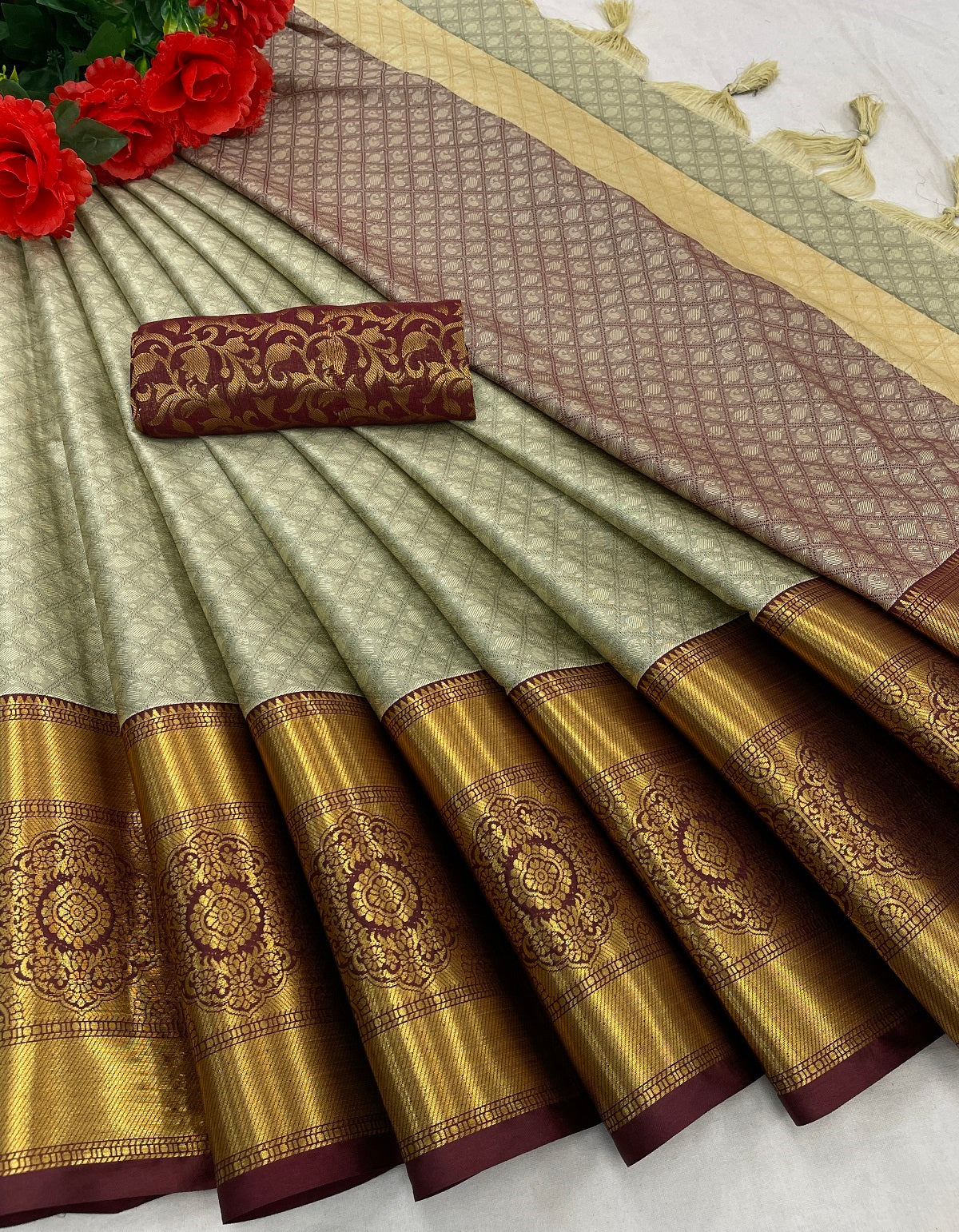 Chiku Brown Golden Design Myra Cotton Silk Saree