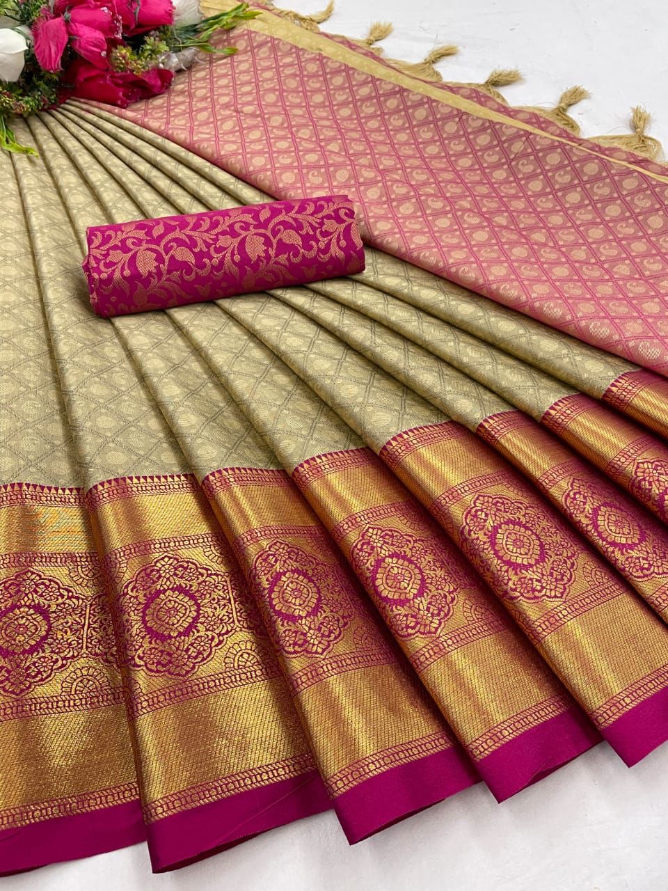 Chiku Pink Golden Design Myra Cotton Silk Saree