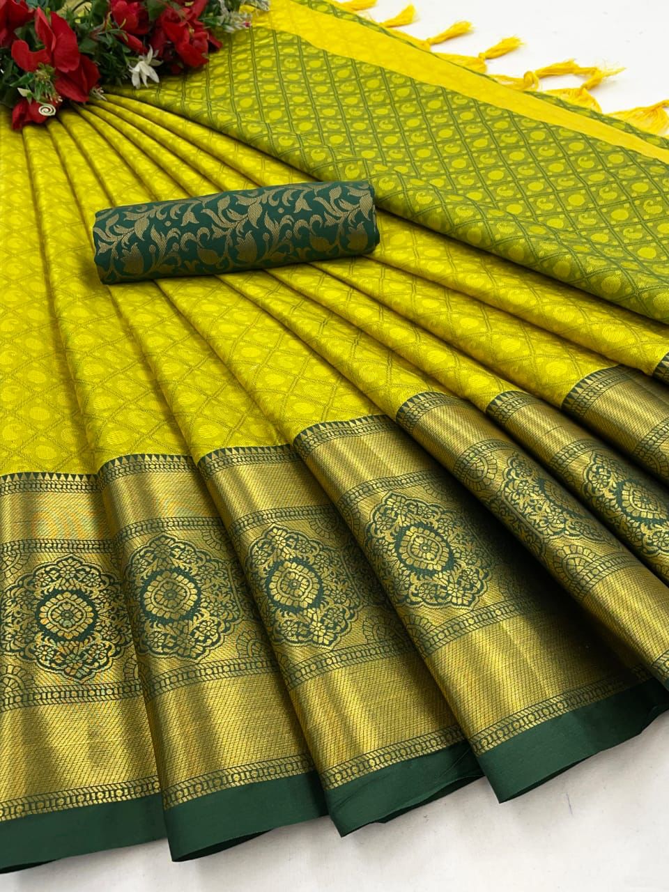 Light Green Golden Design Myra Cotton Silk Saree