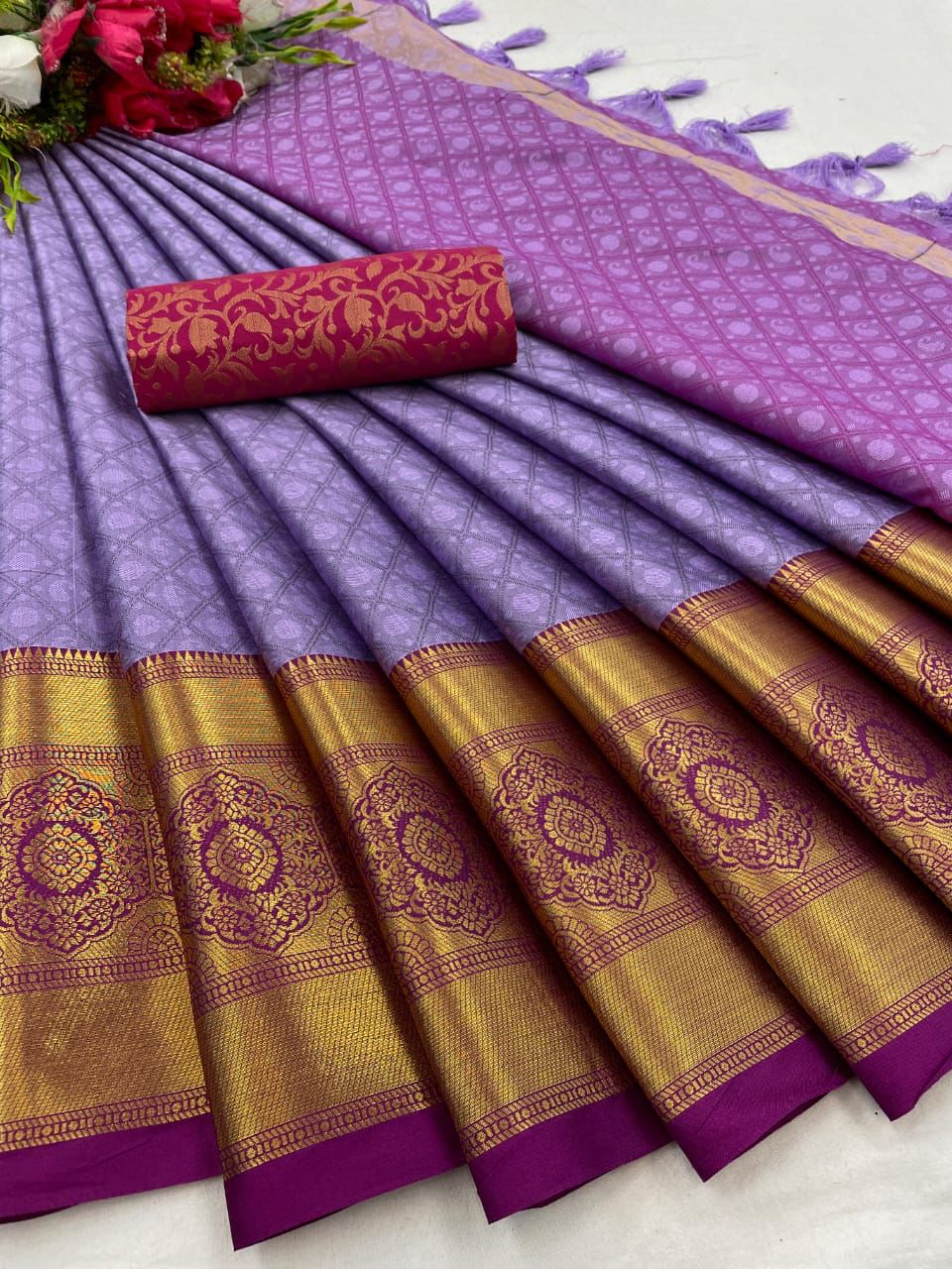 Lavender Pink Golden Design Myra Cotton Silk Saree