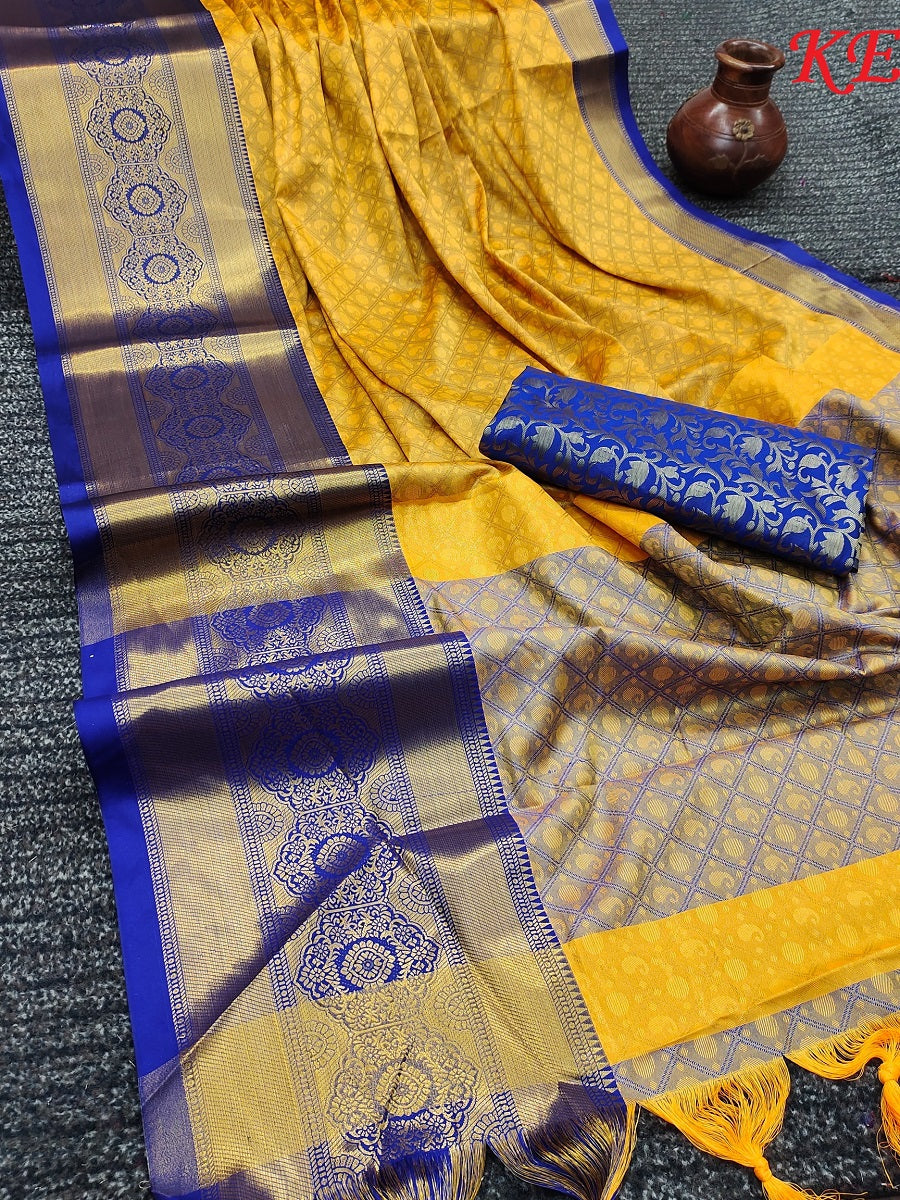 Mustard Blue Golden Design Myra Cotton Silk Saree