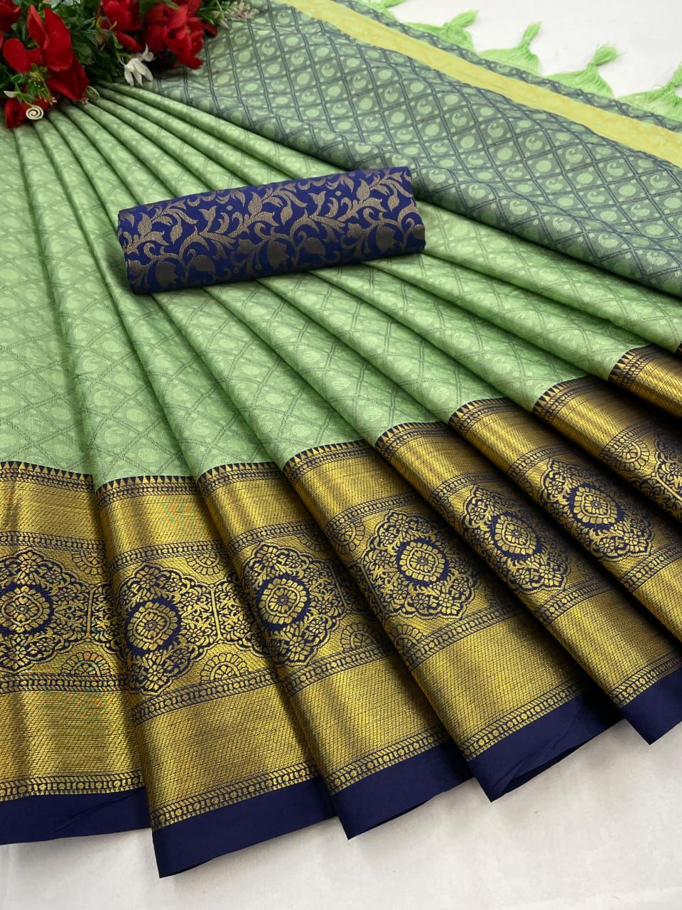 Pista Blue Golden Design Myra Cotton Silk Saree