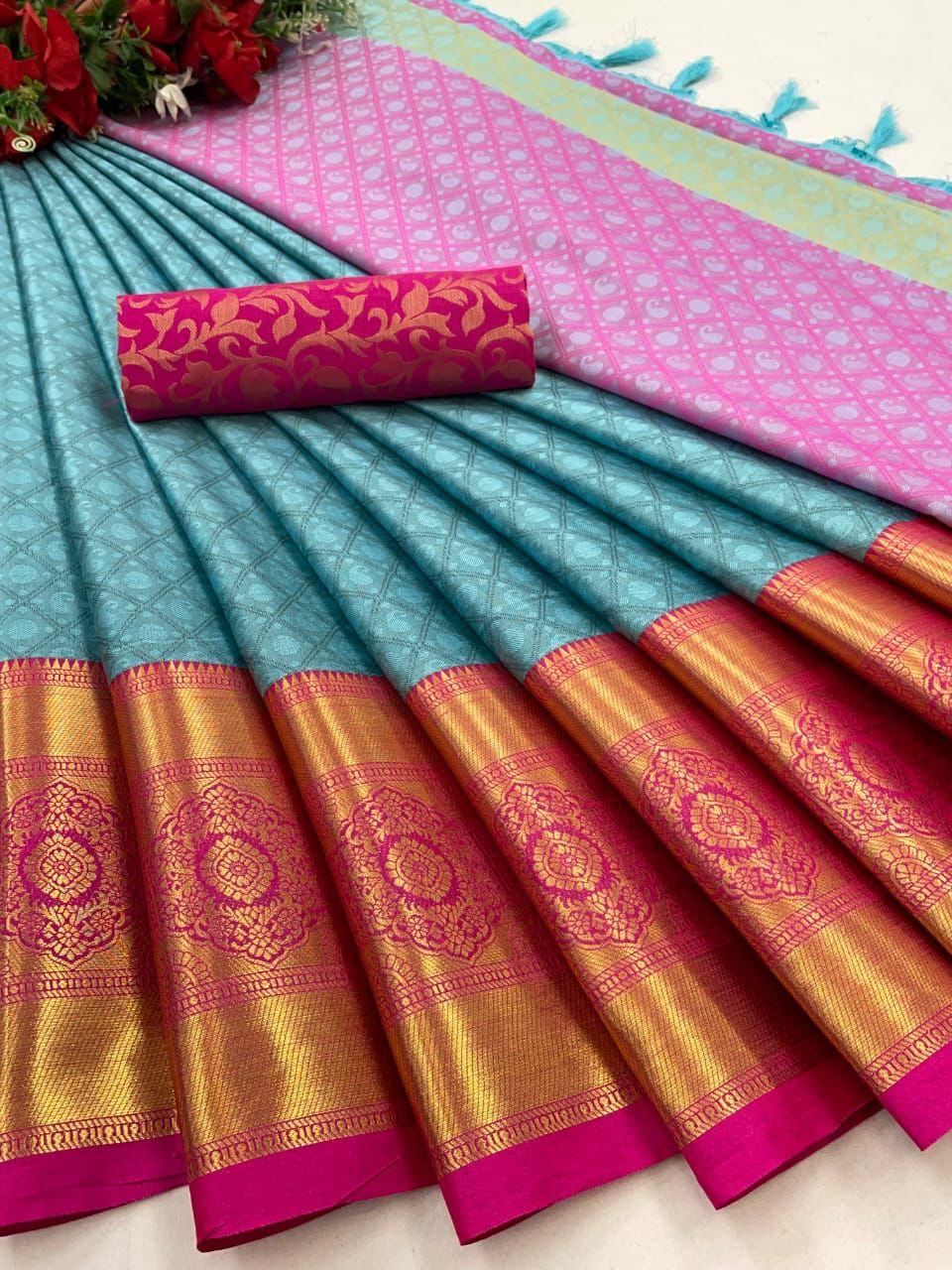 Sky Pink Golden Design Myra Cotton Silk Saree