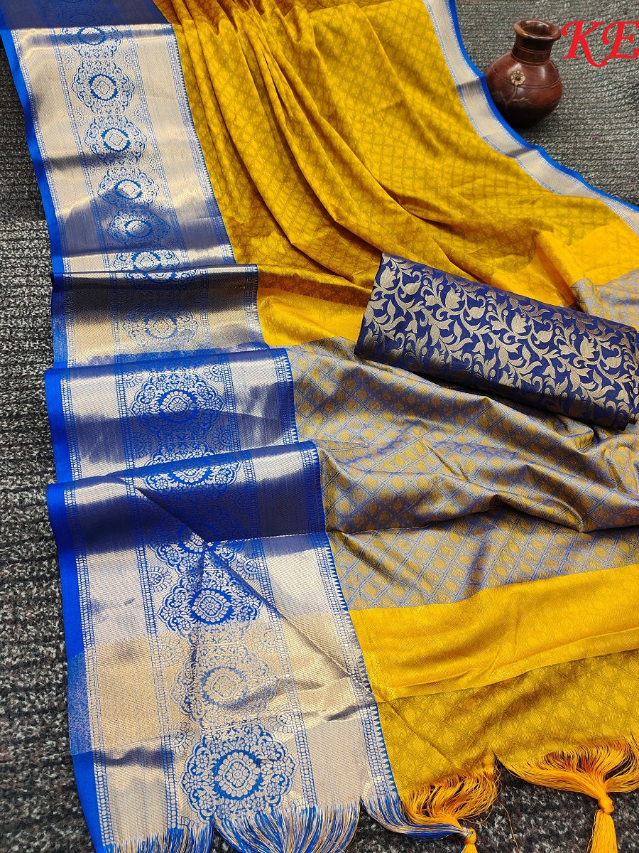 Yellow Blue Golden Design Myra Cotton Silk Saree