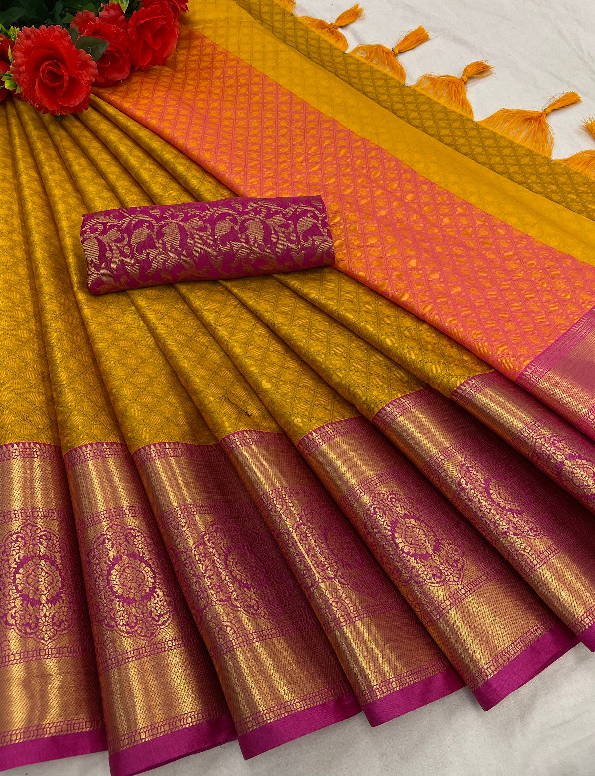 Yellow Pink Golden Design Myra Cotton Silk Saree