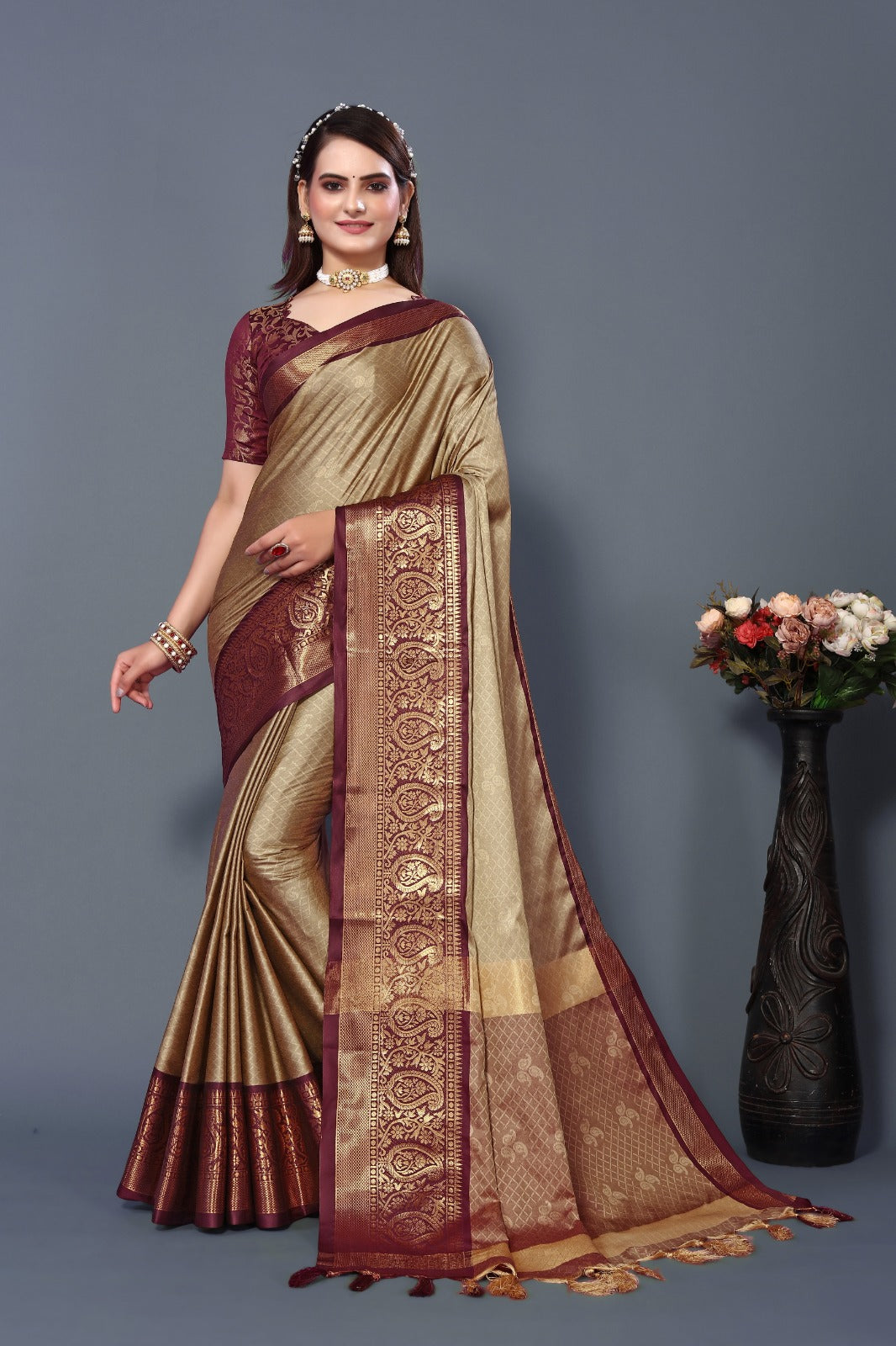 Chiku Brown Golden Design Nandita Cotton Silk Saree