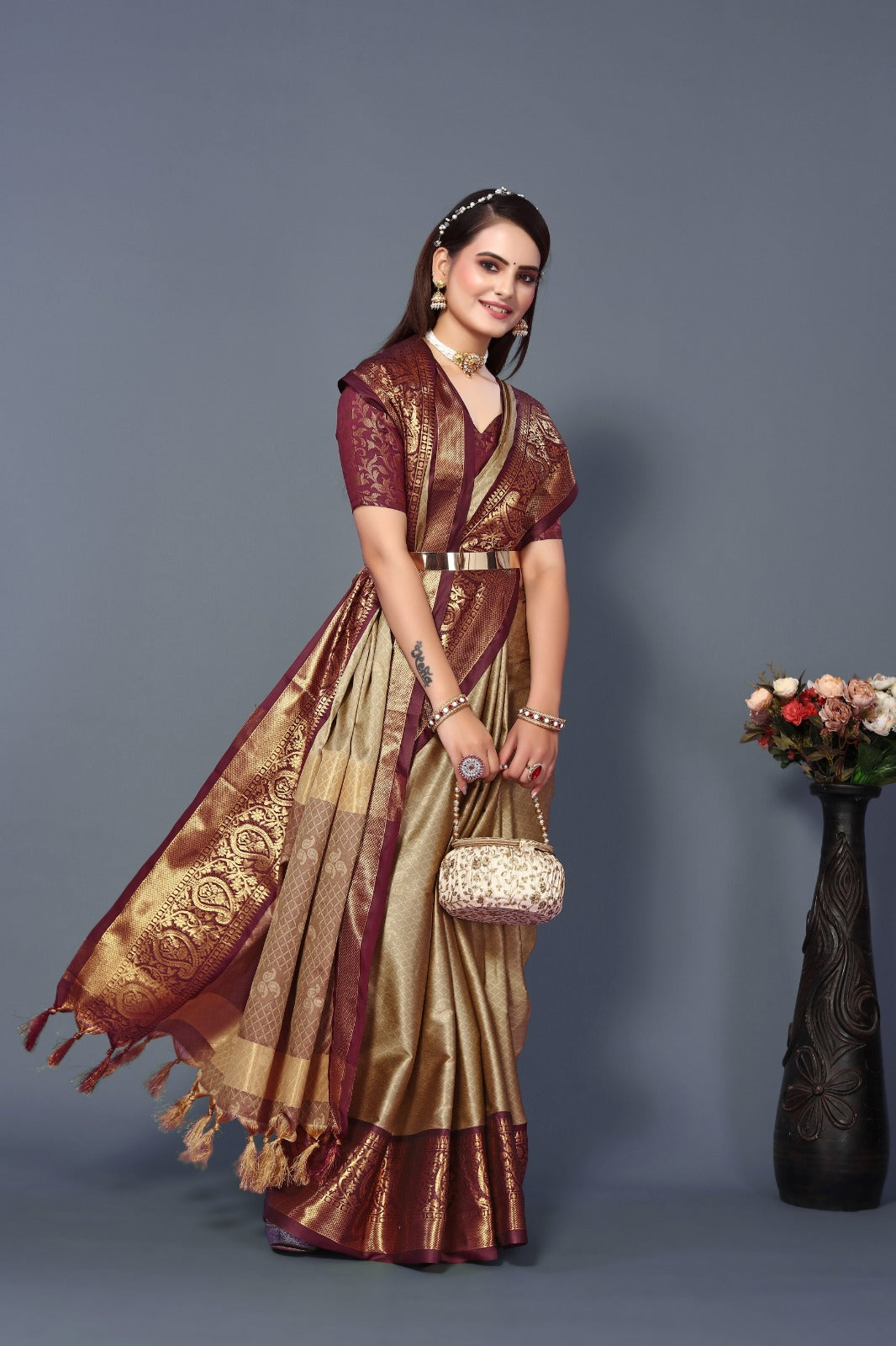 Chiku Brown Golden Design Nandita Cotton Silk Saree