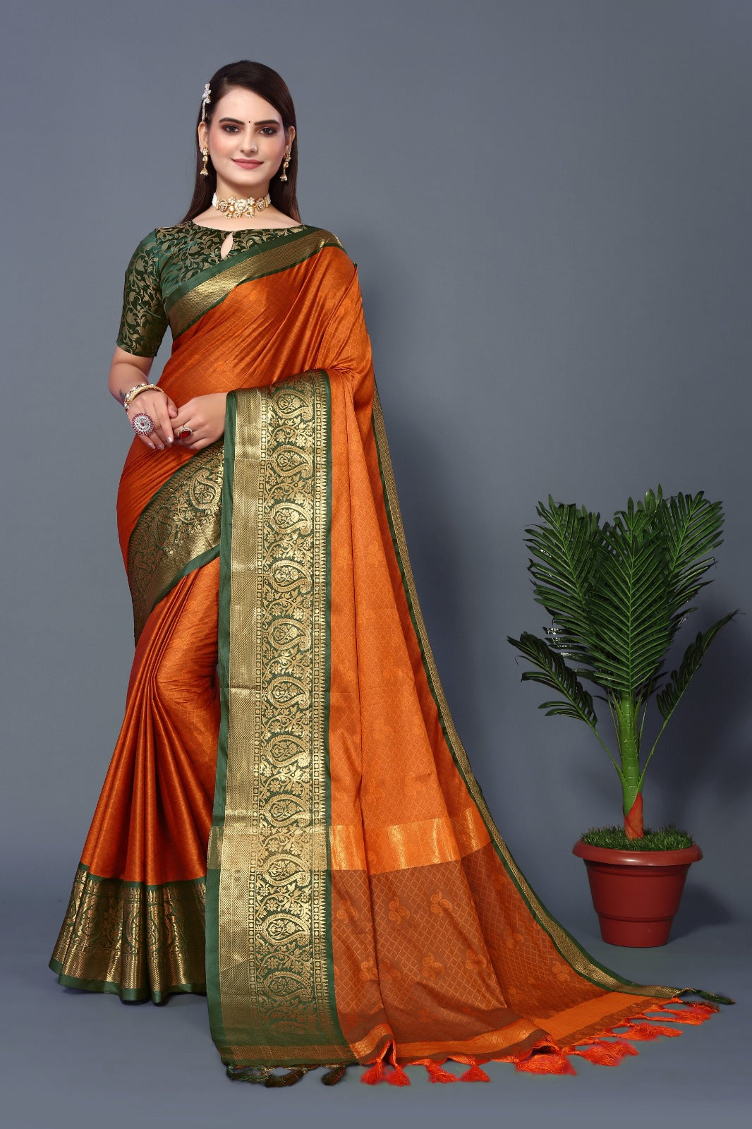 Orange Green Golden Design Nandita Cotton Silk Saree