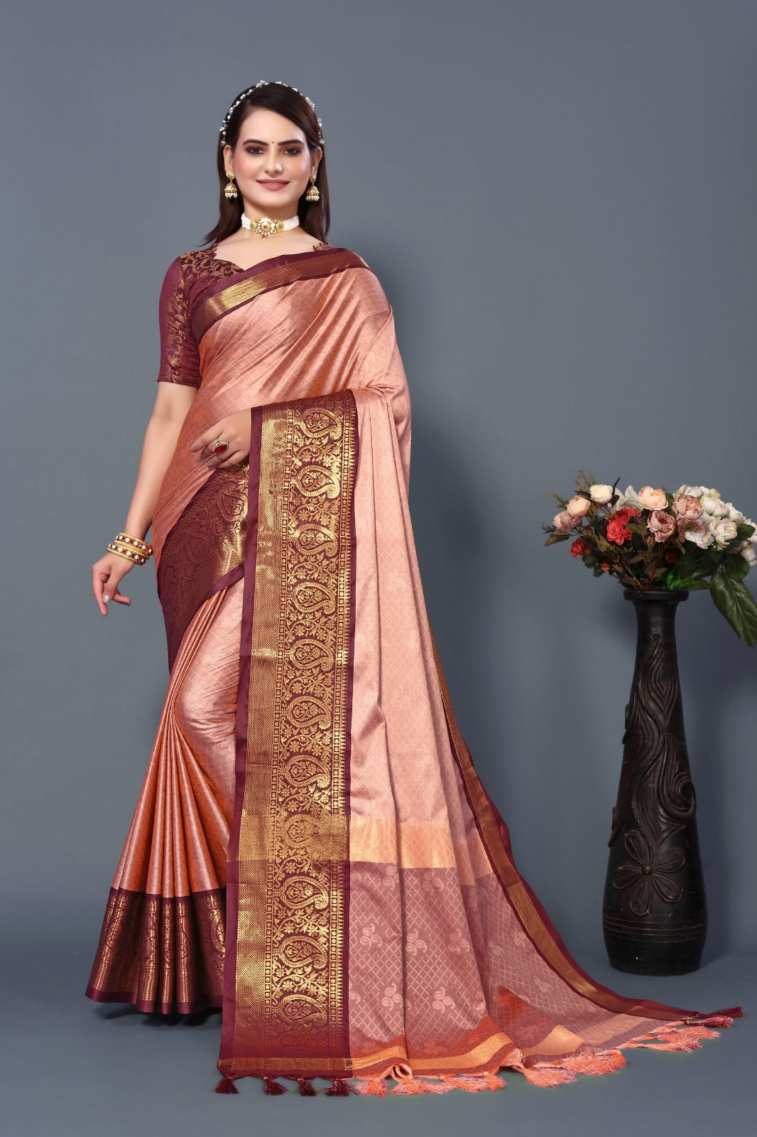 Peach Brown Golden Design Nandita Cotton Silk Saree