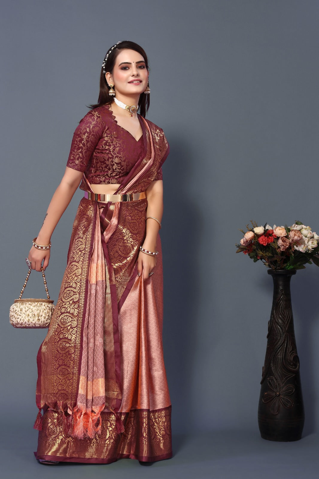 Peach Brown Golden Design Nandita Cotton Silk Saree