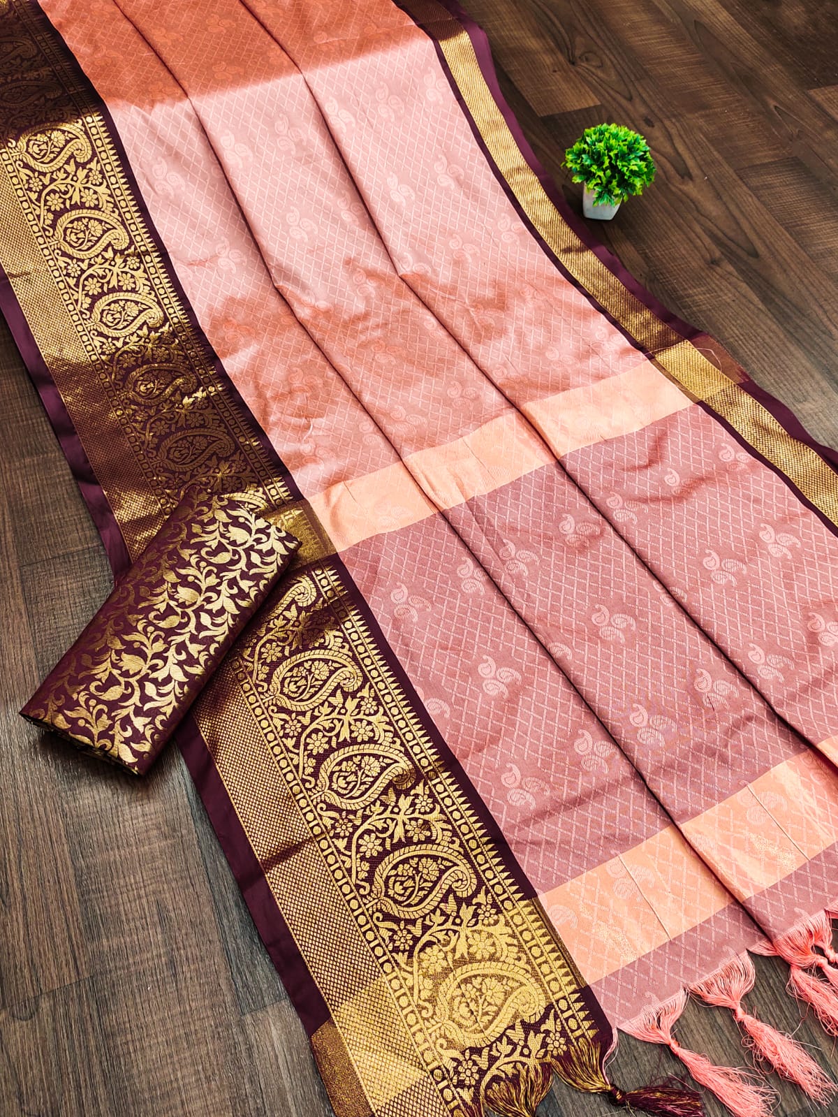 Peach Brown Golden Design Nandita Cotton Silk Saree