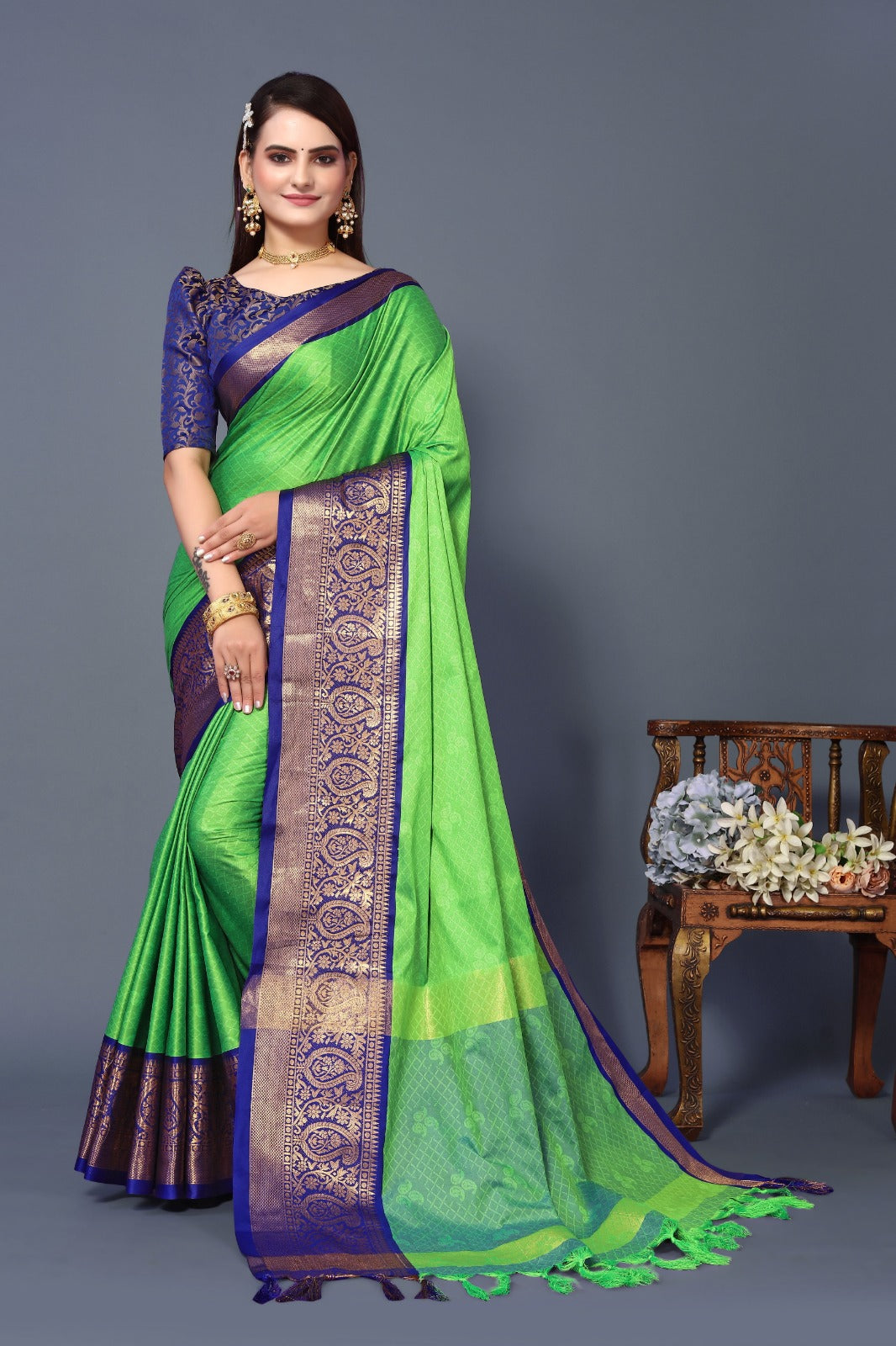 Perrot Blue Golden Design Nandita Cotton Silk Saree