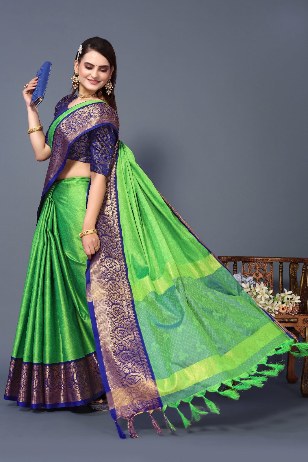 Perrot Blue Golden Design Nandita Cotton Silk Saree