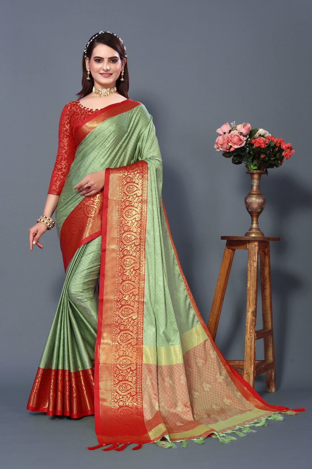 Pista Red Golden Design Nandita Cotton Silk Saree