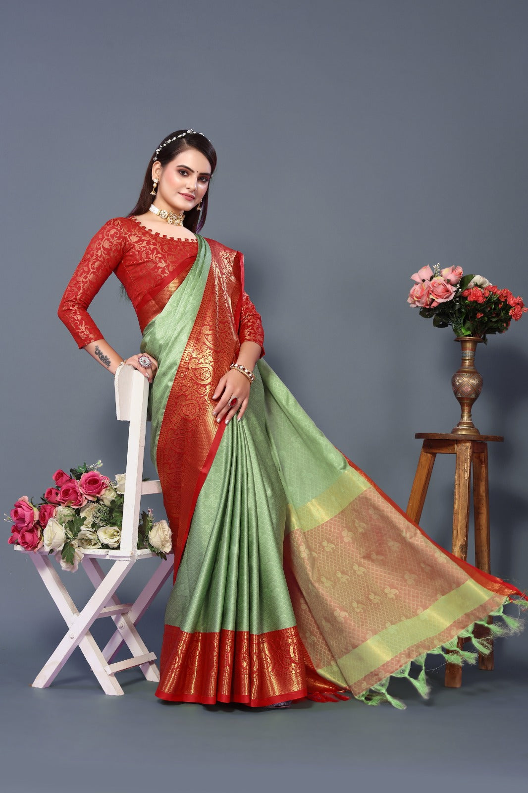 Pista Red Golden Design Nandita Cotton Silk Saree