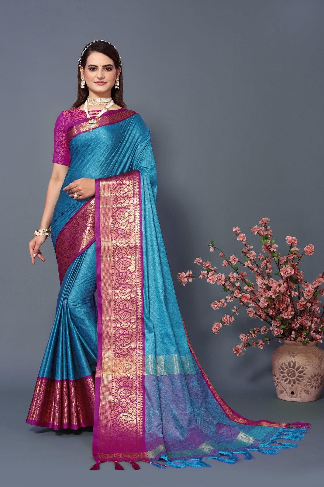 Sky Pink Golden Design Nandita Cotton Silk Saree