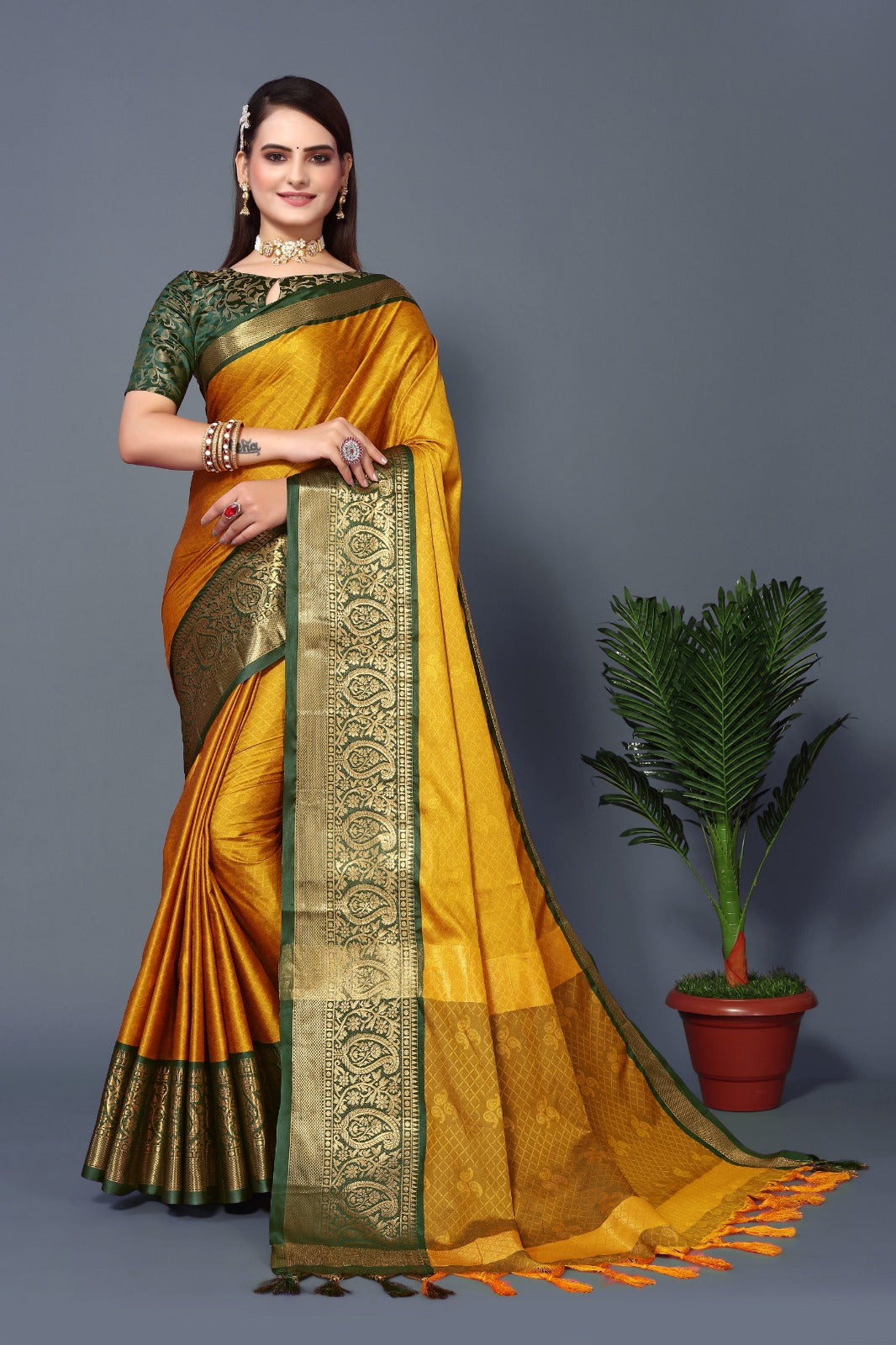 Yellow Green Golden Design Nandita Cotton Silk Saree