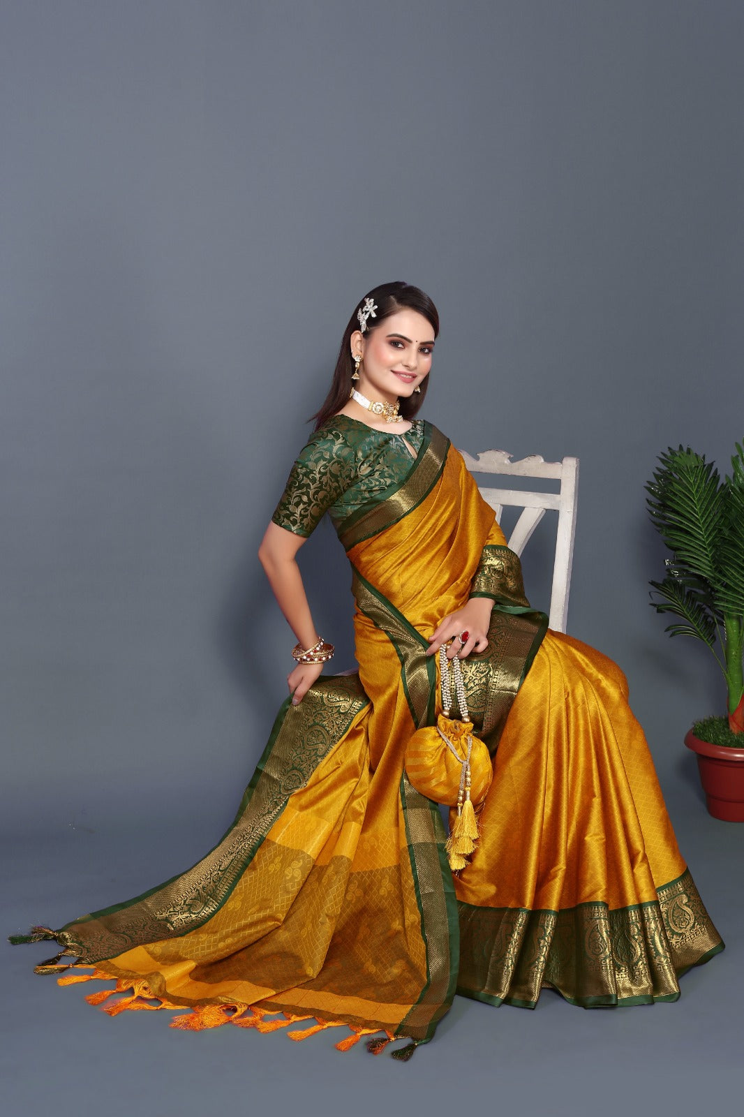 Yellow Green Golden Design Nandita Cotton Silk Saree