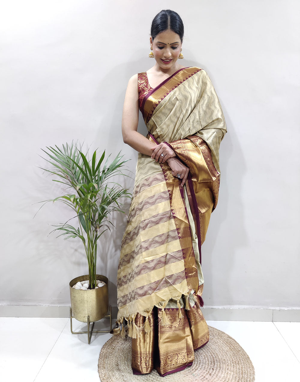 Beige Golden Design NarayanPet Cotton Silk Saree