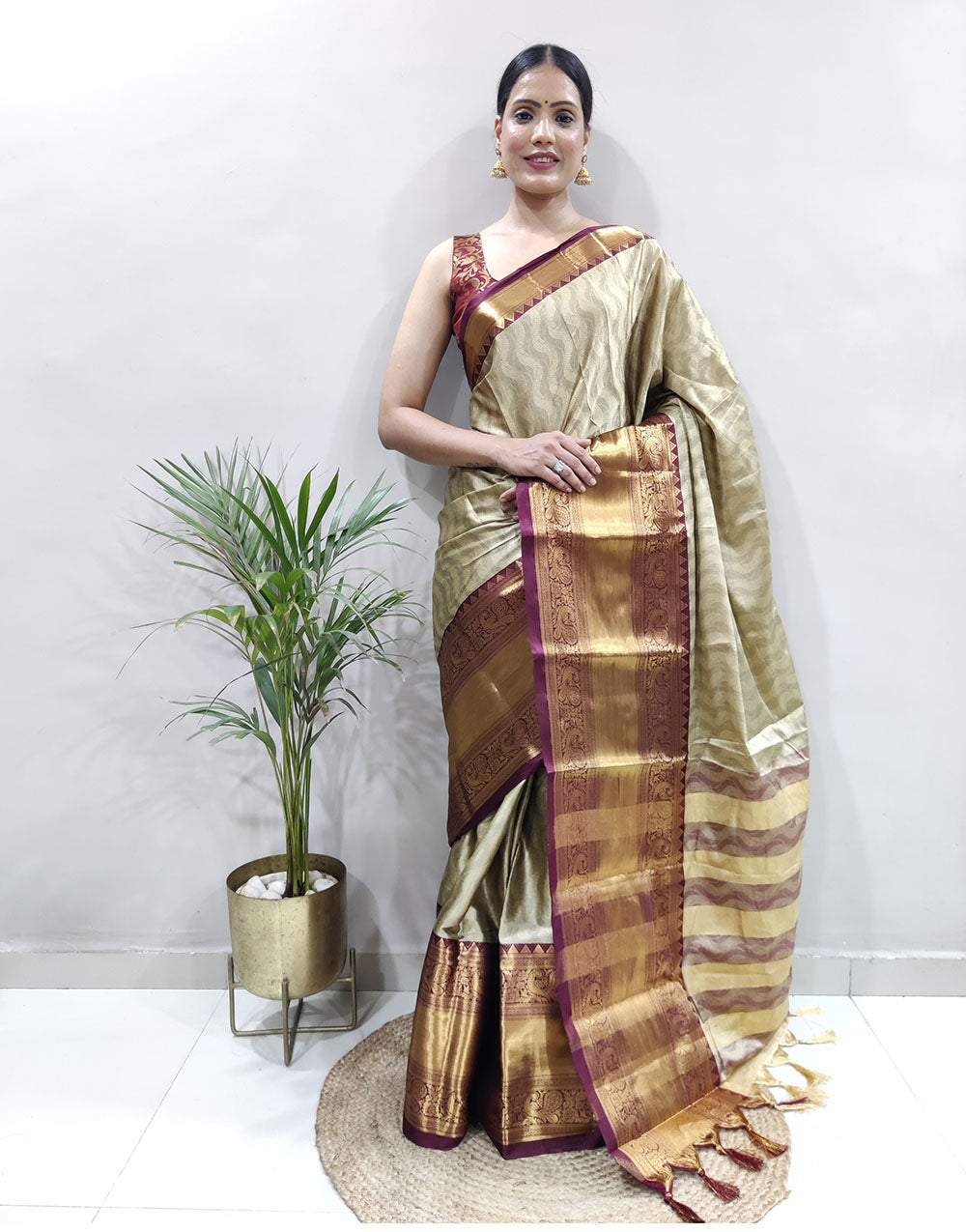 Beige Golden Design NarayanPet Cotton Silk Saree