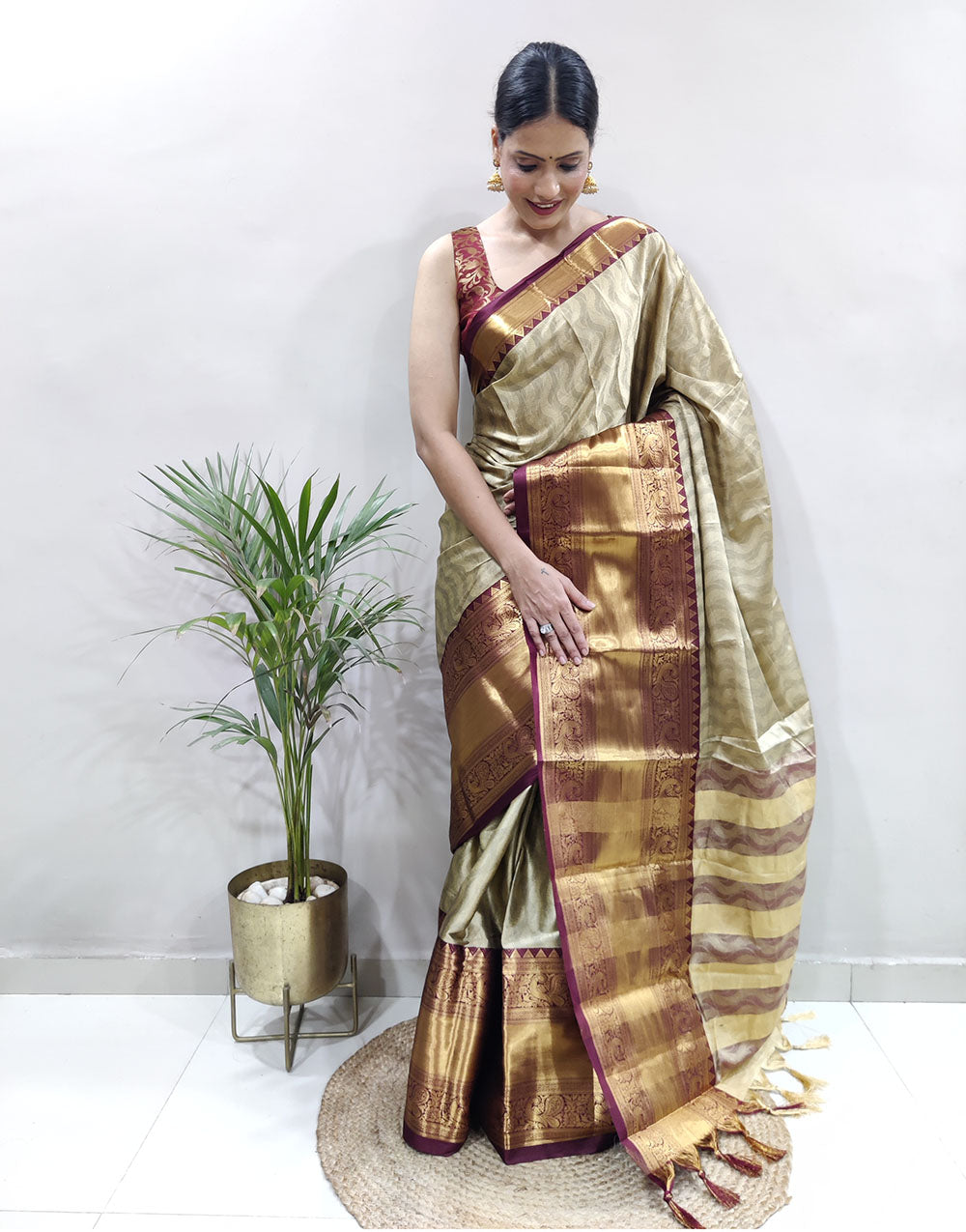 Beige Golden Design NarayanPet Cotton Silk Saree