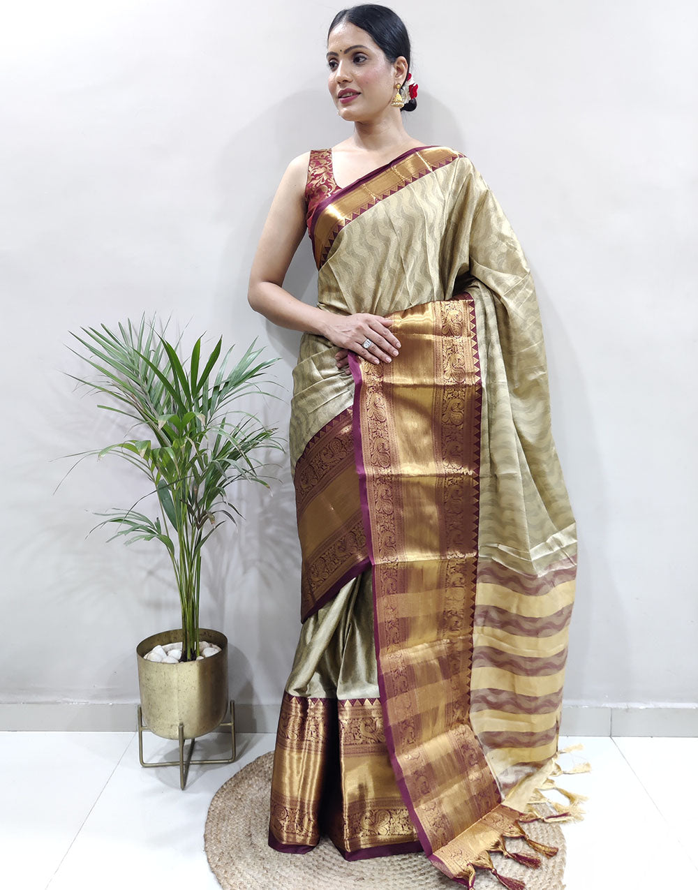 Beige Golden Design NarayanPet Cotton Silk Saree