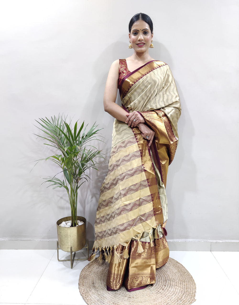 Beige Golden Design NarayanPet Cotton Silk Saree