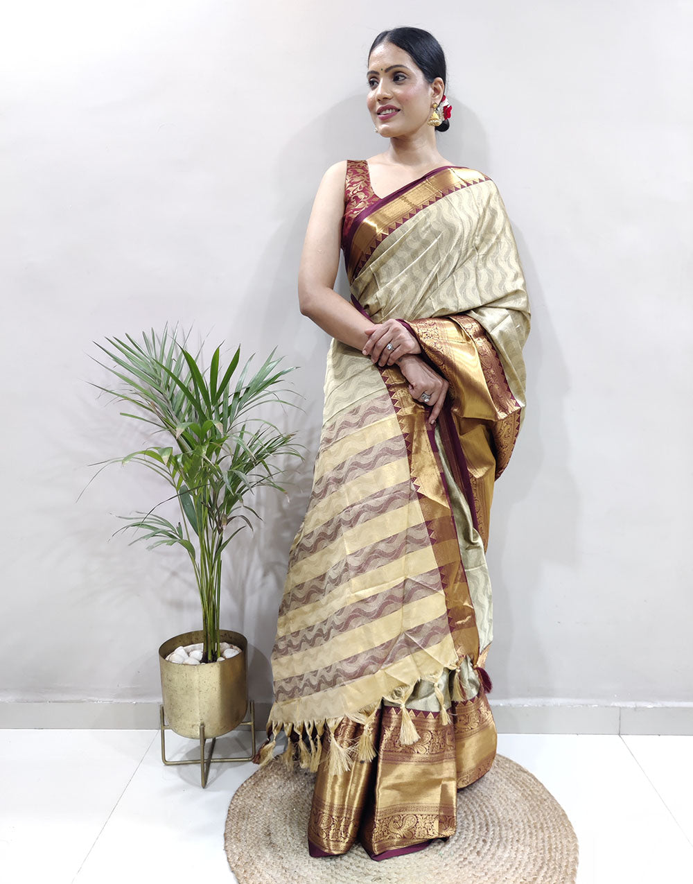 Beige Golden Design NarayanPet Cotton Silk Saree