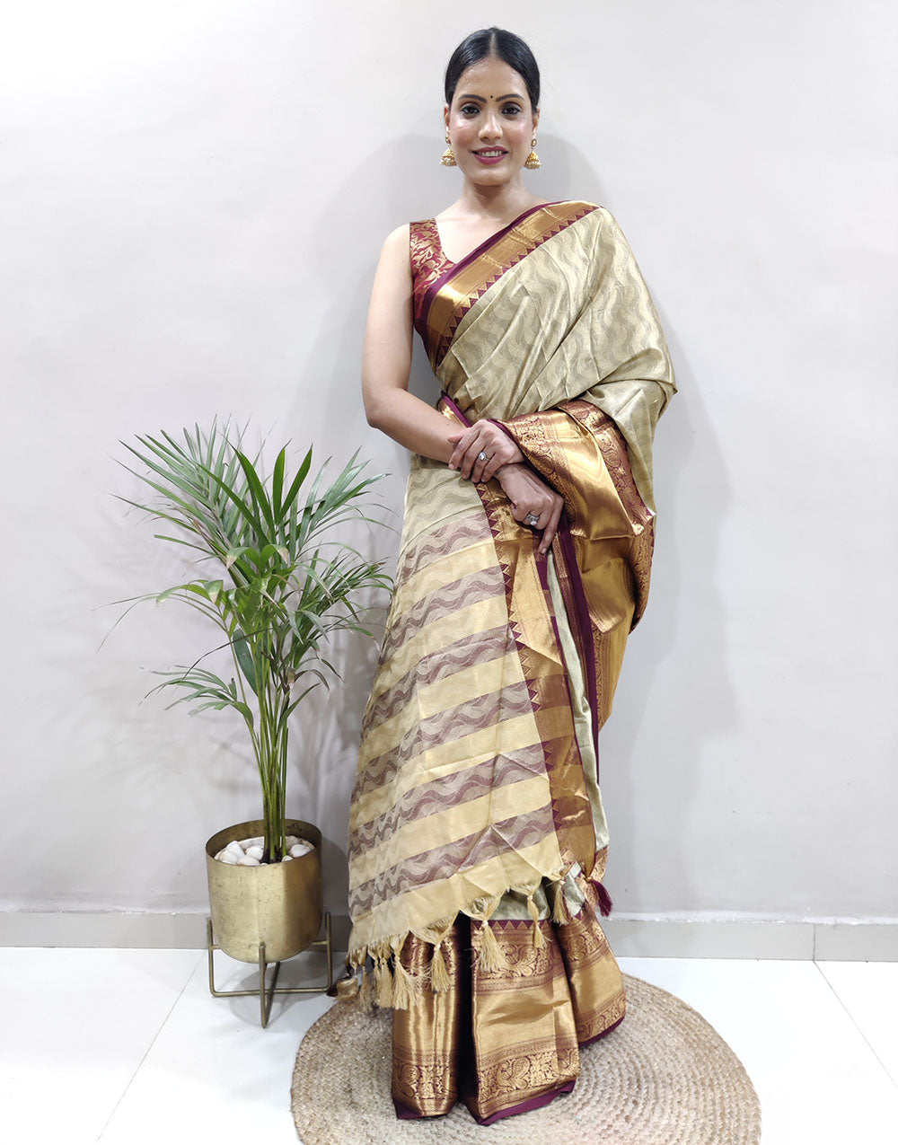 Beige Golden Design NarayanPet Cotton Silk Saree