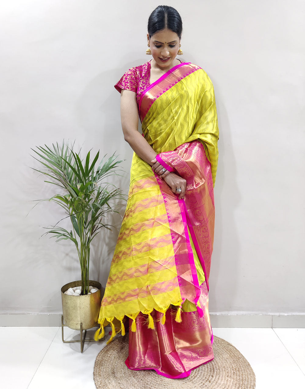 Lemon Pink Golden Design NarayanPet Cotton Silk Saree