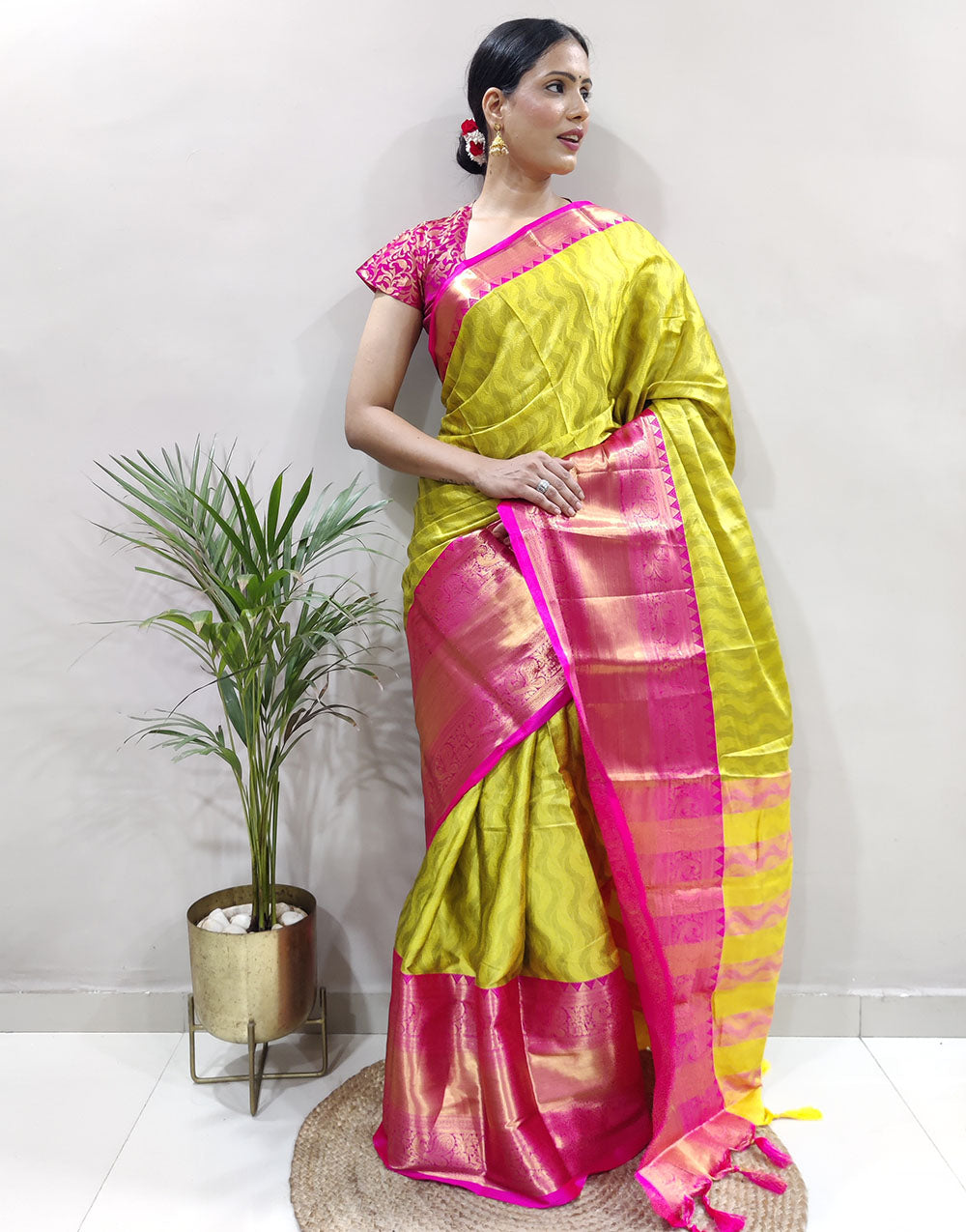 Lemon Pink Golden Design NarayanPet Cotton Silk Saree