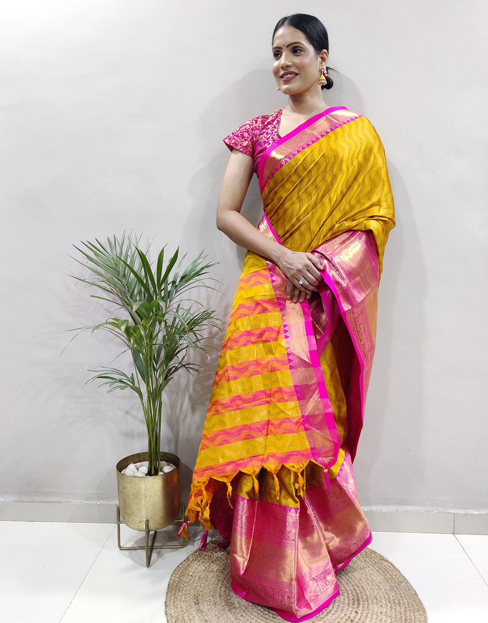 Yellow Pink Golden Design NarayanPet Cotton Silk Saree