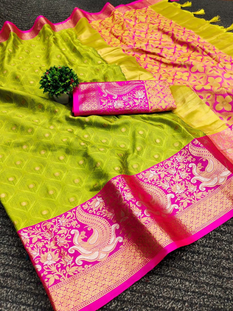 Light Yellow and Pink Nayra Kanjivaram Silk Saree