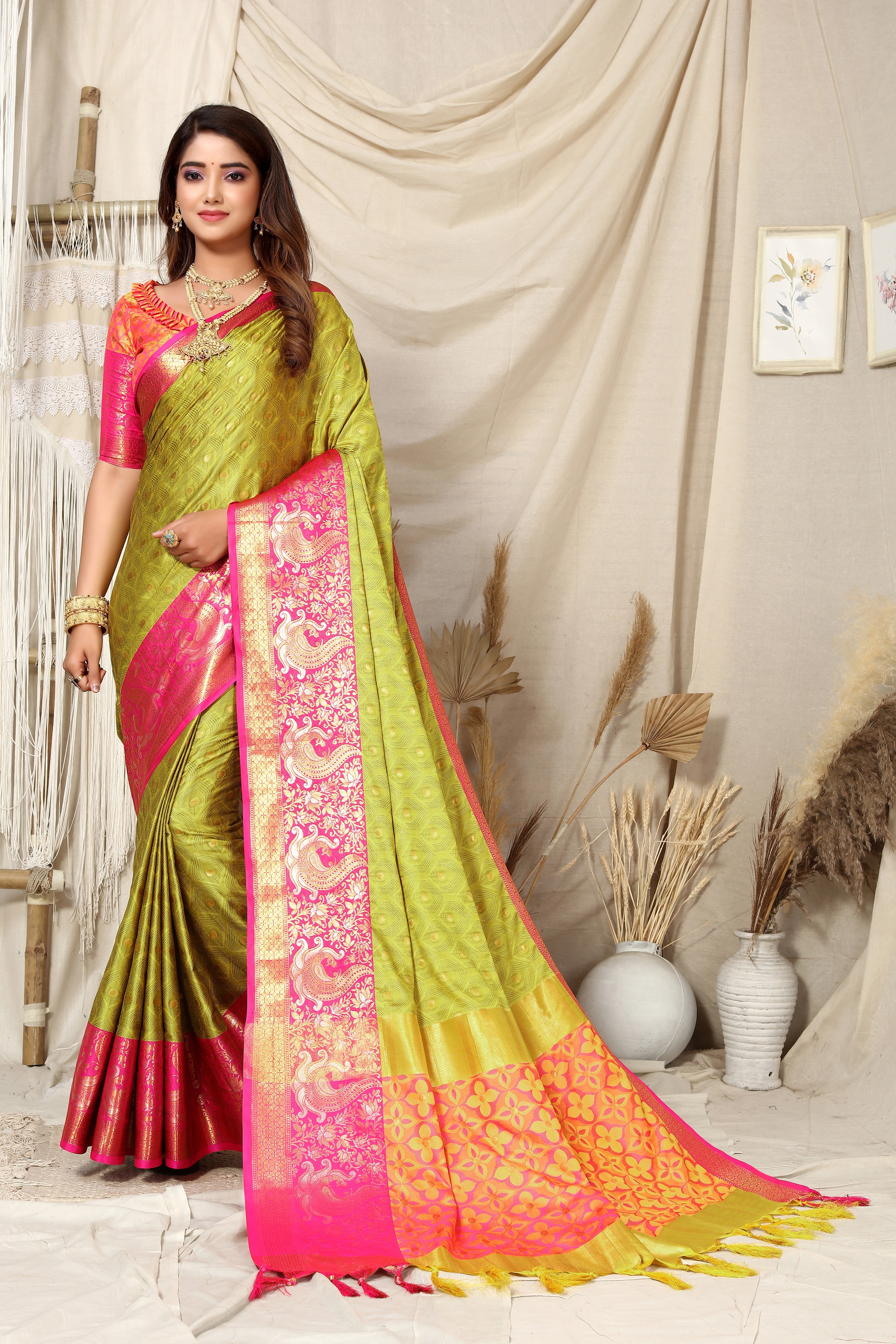 Light Yellow and Pink Nayra Kanjivaram Silk Saree